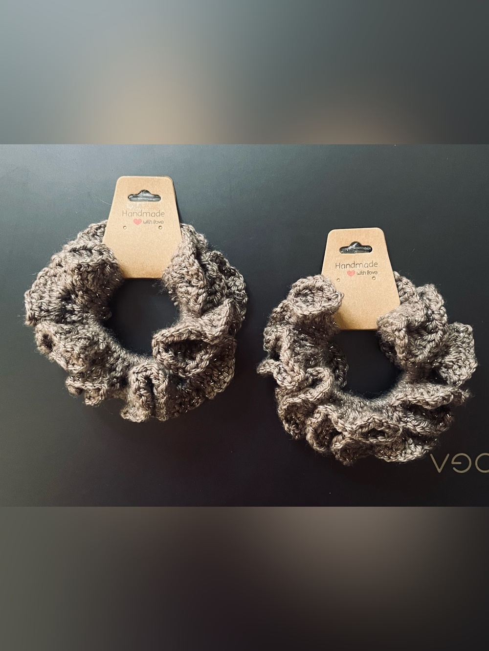 Set of 2 Extra Ruffle Crochet Hair Scrunchies Sparkling Brown - Handmade NIP